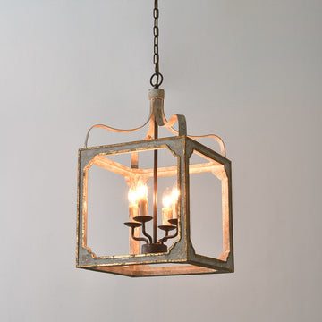 French Country 4-Light Square Lantern Chandelier in Antique Gray & Gold